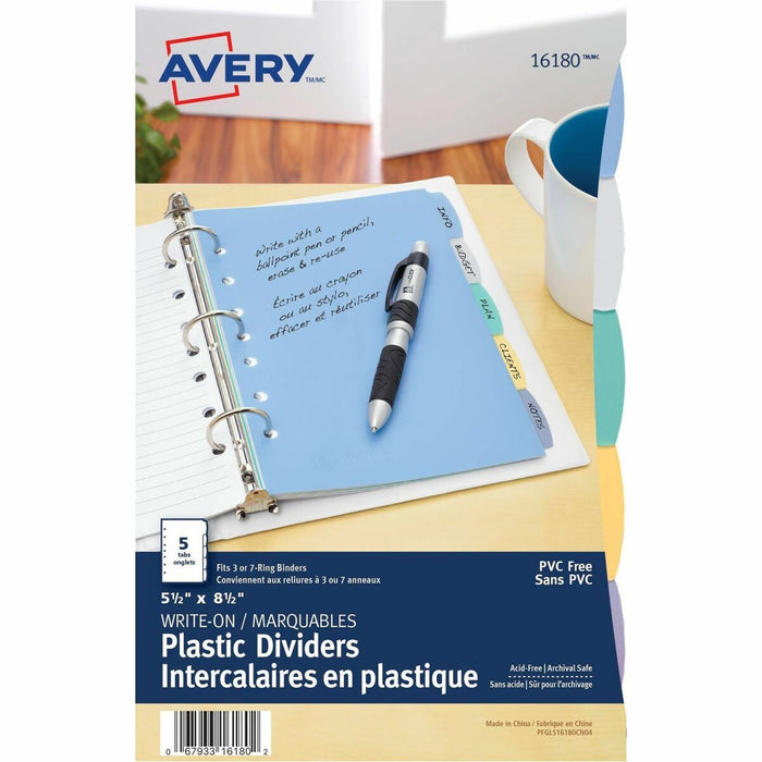 Avery&reg; Durable Plastic Write-On Dividers 5-1/2" x 8-1/2" , 5 tabs - 5 x Divider(s) - Write-on Tab(s) - 5 - 5 Tab(s)/Set - 5.50" (139.70 mm) Divider Width x 8.50" (215.90 mm) Divider Length - 7 Hole Punched - Multicolor Plastic Divider - Multicolor Pla