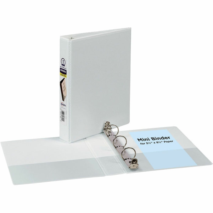 Avery&reg; Durable View Binder 1" , Round Rings, 5-1/2" x 8-1/2" , White - 1" (25.40 mm) Binder Capacity - Half-letter - 5 1/2" (139.70 mm) x 8 1/2" (215.90 mm) Sheet Size - 175 Sheet Capacity - 175 Ring - Fastener: Round Ring - Pocket: 2, Internal - Poly