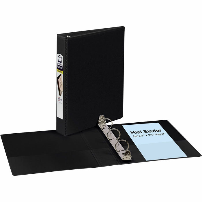 Avery&reg; Durable View Binder 1" , Round Rings, 5-1/2" x 8-1/2" , Black - 1" (25.40 mm) Binder Capacity - Half-letter - 5 1/2" (139.70 mm) x 8 1/2" (215.90 mm) Sheet Size - 175 Sheet Capacity - 175 Ring - Fastener: Round Ring - Pocket: 2, Internal - Poly
