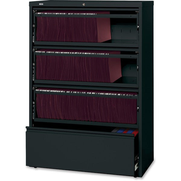 Lorell Fortress Series Lateral File - 36" (91.44 cm) Width x 18.63" (47.31 cm) Depth x 52.50" (133.35 cm) Height - 4 x Drawer(s) for File - A4, Letter, Legal - Interlocking, Heavy Duty, Leveling Glide, Recessed Handle, Ball-bearing Suspension - Black - Me