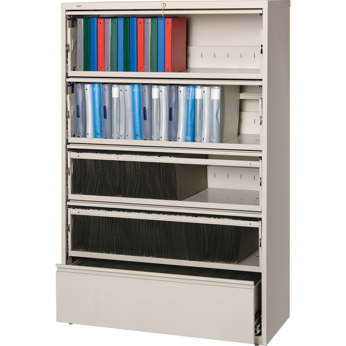 Lorell Fortress Lateral File with Roll-Out Shelf - 42" (106.68 cm) Width x 18.63" (47.31 cm) Depth x 68.75" (174.63 cm) Height - 5 x Drawer(s) for File - Legal, Letter, A4 - Recessed Handle, Ball-bearing Suspension, Leveling Glide, Heavy Duty, Interlockin