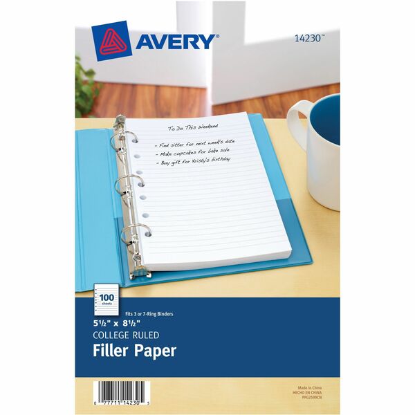 Avery&reg; Filler Paper 5½" x 8½" - 100 Sheets - College Ruled Front Ruling - 7 Hole(s) - 5 1/2" (139.70 mm) x 8 1/2" (215.90 mm) Sheet Size - White Paper - Mediumweight, Punched - 100 / Pack