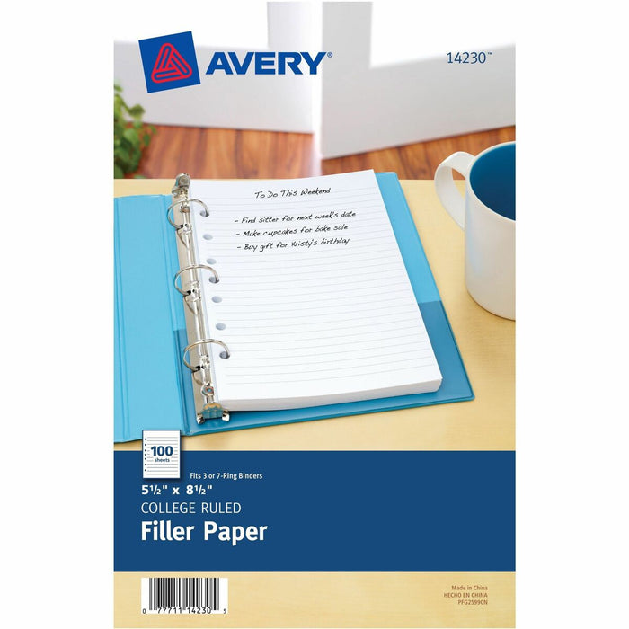 Avery&reg; Filler Paper 5½" x 8½" - 100 Sheets - College Ruled Front Ruling - 7 Hole(s) - 5 1/2" (13.97 cm) x 8 1/2" (21.59 cm) Sheet Size - White Paper - Mediumweight, Punched - 100 / Pack