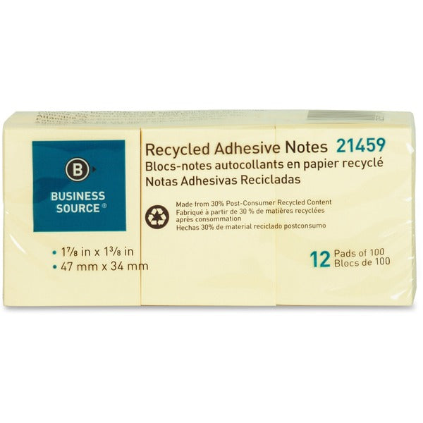 Business Source Yellow Adhesive Notes - 1 7/8" x 1 3/8" - Rectangle - Unruled - Yellow - Self-adhesive, Removable - 12 / Pack - Recycled