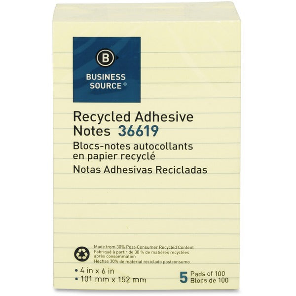 Business Source Yellow Adhesive Notes - 4" (101.60 mm) Flag/Note Width x 6" (152.40 mm) Flag/Note Length - Rectangle - Ruled - Yellow - Self-adhesive, Removable - Recycled - 5 / Pack