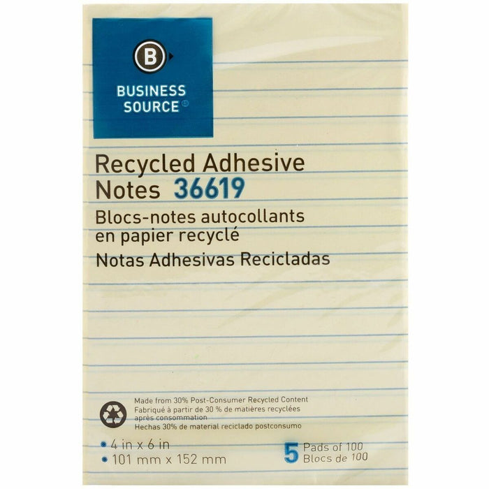 Business Source Yellow Adhesive Notes - 4" (101.60 mm) Flag/Note Width x 6" (152.40 mm) Flag/Note Length - Rectangle - Ruled - Yellow - Self-adhesive, Removable - Recycled - 5 / Pack