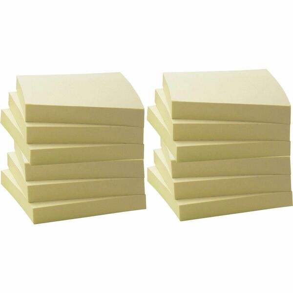 Business Source Yellow Adhesive Notes - 3" x 3" - Square - 100 Sheets per Pad - Unruled - Yellow - Self-adhesive, Removable - 12 / Pack - Recycled