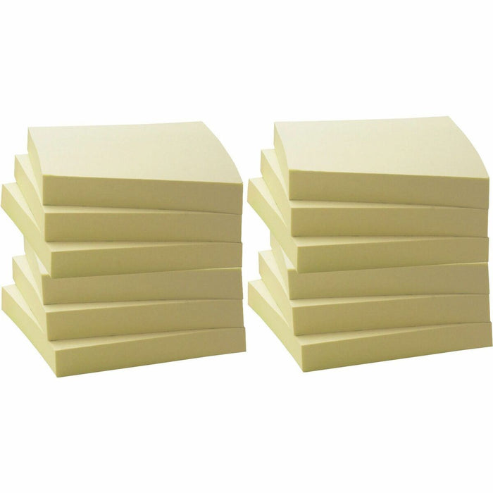 Business Source Yellow Adhesive Notes - 3" (76.20 mm) Flag/Note Width x 3" (76.20 mm) Flag/Note Length - Square - 100 Sheets per Pad - Unruled - Yellow - Self-adhesive, Removable - Recycled - 12 / Pack