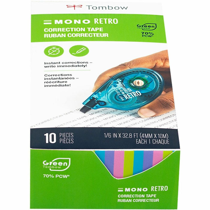 Tombow Mono Correction Tape Retro Applicator Pack - 0.17" (4.22 mm) Tape Width x 32.8 ft (10.01 m) Tape Length - 1 Line(s) - White Tape - Break Resistant, Non-refillable - White - 10 / Pack