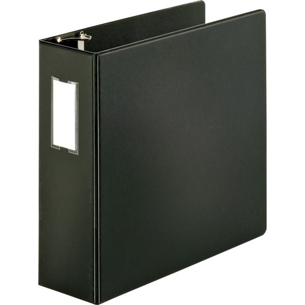 Business Source Slanted D-ring Binders - 4" (101.60 mm) Binder Capacity - 3 Ring(s) - Fastener(s): D-Ring - Pocket(s): 2, Internal - Chipboard, Polypropylene - Black - PVC-free, Non-stick, Spine Label, Gap-free Ring, Non-glare, Heavy Duty, Open and Closed