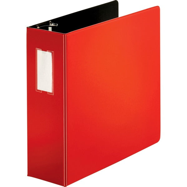 Business Source Slanted D-ring Binders - 4" (101.60 mm) Binder Capacity - 3 Ring(s) - Fastener(s): D-Ring - Pocket(s): 2, Internal - Chipboard, Polypropylene - Red - PVC-free, Non-stick, Label Holder, Gap-free Ring, Non-glare, Heavy Duty, Open and Closed