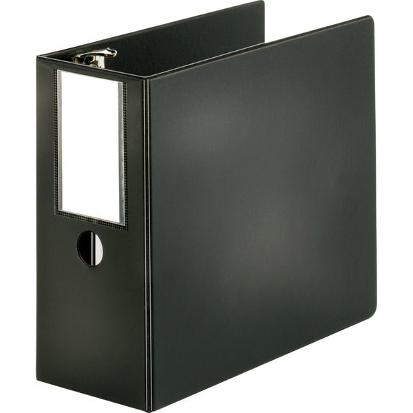 Business Source Slanted D-ring Binders - 5" (127 mm) Binder Capacity - Letter - 8 1/2" (215.90 mm) x 11" (279.40 mm) Sheet Size - 3 Ring - Fastener: D-Ring - Pocket: 2, Internal - Chipboard, Polypropylene - Black - PVC-free, Non-stick, Spine Label, Gap-fr