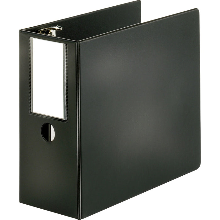 Business Source Slanted D-ring Binders - 5" (127 mm) Binder Capacity - Letter - 8 1/2" (215.90 mm) x 11" (279.40 mm) Sheet Size - 3 Ring - Fastener: D-Ring - Pocket: 2, Internal - Chipboard, Polypropylene - Black - No - PVC-free, Non-stick, Spine Label, G