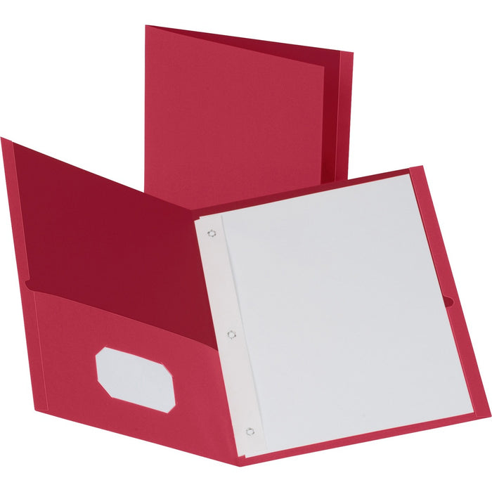 Business Source Letter Recycled Pocket Folder - 8 1/2" (215.90 mm) x 11" (279.40 mm) - 100 Sheets Capacity - 3 x Prong Fastener(s) - 1/2" (12.70 mm) Fastener Capacity - 2 Inside Front & Back Pocket(s) - Leatherette - Red - 35% Recycled - 25 / Box