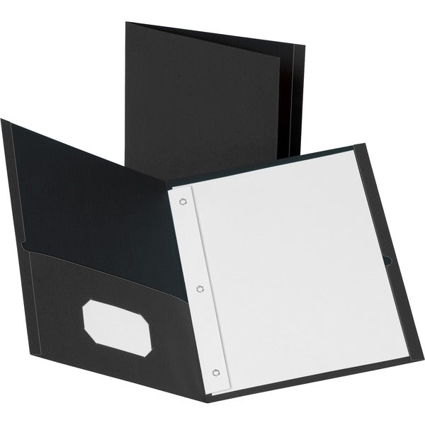 Business Source Letter Recycled Pocket Folder - 8 1/2" (215.90 mm) x 11" (279.40 mm) - 100 Sheet Capacity - 3 x Prong Fastener(s) - 2 Inside Front & Back Pocket(s) - Leatherette - Black - 35% Recycled - 25 / Box
