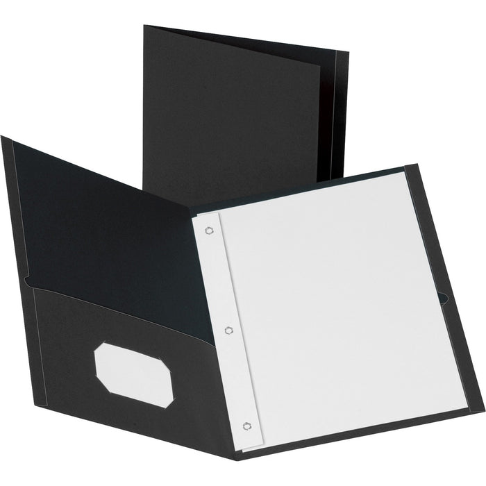 Business Source Letter Recycled Pocket Folder - 8 1/2" (215.90 mm) x 11" (279.40 mm) - 100 Sheets Capacity - 3 x Prong Fastener - 2 Inside Front & Back Pocket - Leatherette - Black - 35% Recycled - 25 / Box