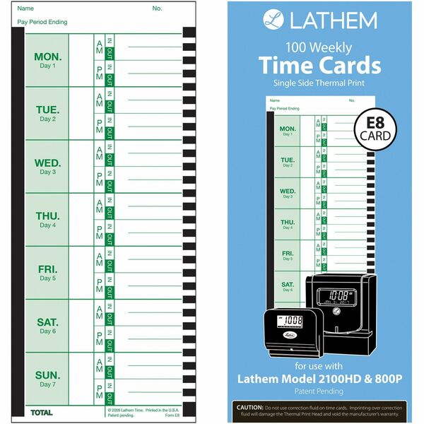 Lathem Thermal Time Clock Weekly Attendance Cards - 8.25" (209.55 mm) x 3.38" (85.73 mm) Form Size - White - Black Print Color - 100 / Pack