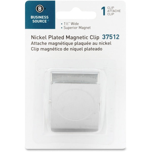 Business Source Nickel Plated Magnetic Clips - 1.50" (38.10 mm) Length - Chrome - Metal - 1 Each