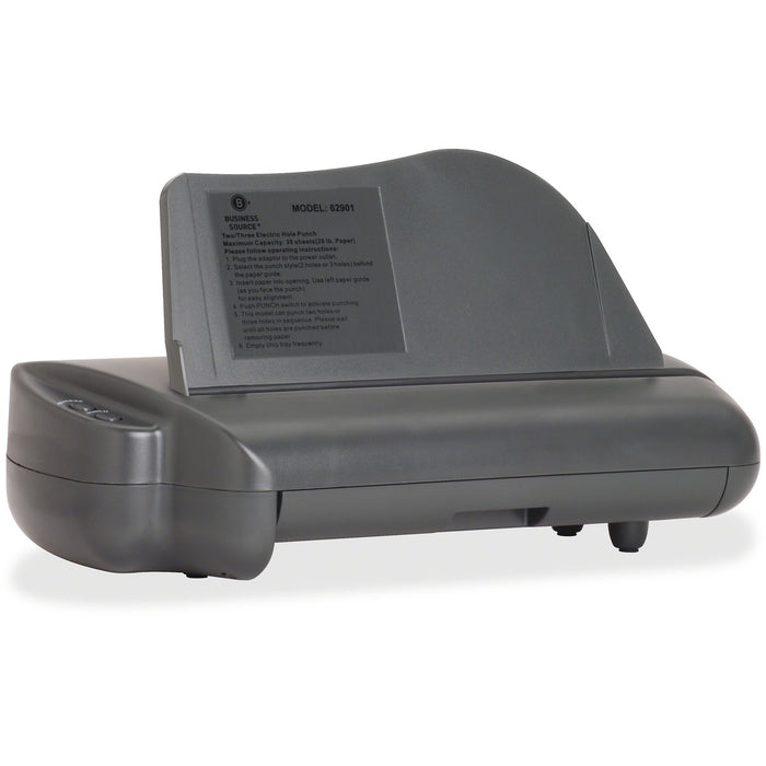 Business Source Electric Adjustable 3-hole Punch - 3 Punch Head(s) - 30 Sheet of 20lb Paper - 1/4" (6.35 mm) Punch Size - 17.75" (450.85 mm) Width x 5.25" (133.35 mm) Depth x 8.25" (209.55 mm) Height - Gray
