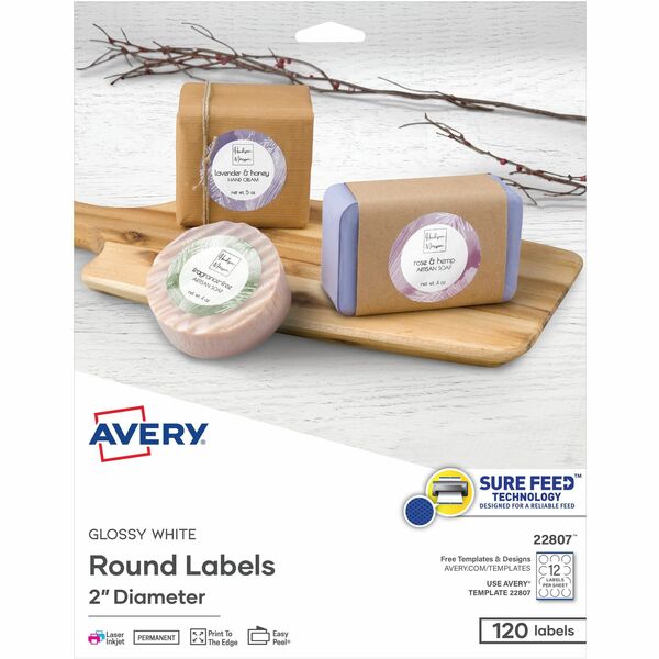 Avery&reg; Glossy White Round Labels 2" Diameter, Permanent Adhesive, for Laser and Inkjet Printers - - Width2" Diameter - Permanent Adhesive - Round - Laser, Inkjet - Bright White - Paper - 12 / Sheet - 10 Total Sheets - 120 Total Label(s) - 120 / Pack