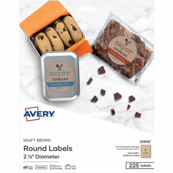 Avery&reg; Kraft Brown Round Labels 2½" Diameter, Permanent Adhesive, for Laser and Inkjet Printers - - Width2 1/2" Diameter - Permanent Adhesive - Round - Laser, Inkjet - Kraft Brown - Paper - 9 / Sheet - 25 Total Sheets - 225 Total Label(s)