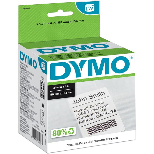 Dymo Permanent Poly Shipping Labels - 2 5/16" (58.74 mm) Width x 4" (101.60 mm) Length - Rectangle - White - Polypropylene - 250 / Roll - 1 Roll