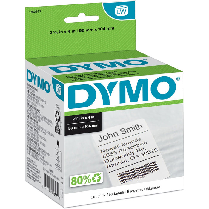 Dymo Permanent Poly Shipping Labels - 2 5/16" (58.74 mm) Width x 4" (101.60 mm) Length - Rectangle - White - Polypropylene - 250 / Roll - 1 Roll