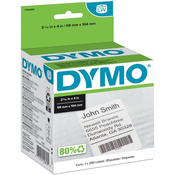 Dymo Permanent Poly Shipping Labels - 2 5/16" Width x 4" Length - Rectangle - White - Polypropylene - 250 / Roll - 1 / Roll - Tearing Resistant, Oil Resistant, Solvent Resistant, Weather Resistant, Heat Resistant, Alcohol Resistant, Blood Resistant, Fat R