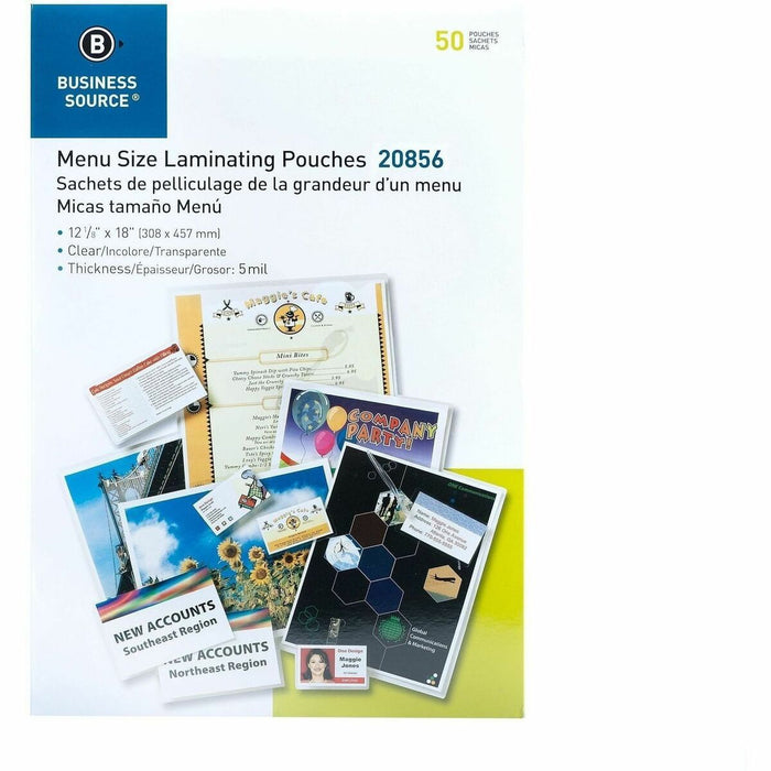 Business Source 5 mil Menu-size Laminating Pouches - Laminating Pouch/Sheet Size: 12.13" (307.97 mm) Width x 18" (457.20 mm) Length x 5 mil (0.13 mm) Thickness - for Document, ID Badge, Photo, Recipe, Recipe Card - Pre-trimmed - Clear - 50 / Box