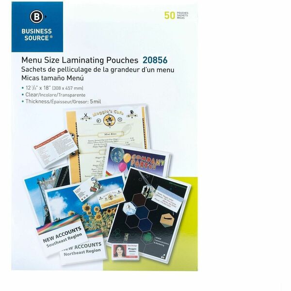 Business Source 5 mil Menu-size Laminating Pouches - Laminating Pouch/Sheet Size: 12.13" (307.97 mm) Width x 18" (457.20 mm) Length x 5 mil (0.13 mm) Thickness - for Document, ID Badge, Photo, Recipe, Recipe Card - Pre-trimmed - Clear - 1 Box