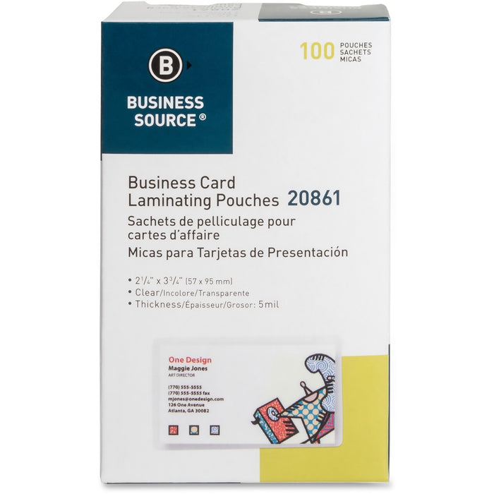 Business Source 5 mil Business Card Laminating Pouches - Laminating Pouch/Sheet Size: 2.25" (57.15 mm) Width x 3.75" (95.25 mm) Length x 5 mil (0.13 mm) Thickness - for Business Card - Pre-trimmed, Moisture Resistant, Fade Resistant - Clear - 100 / Box