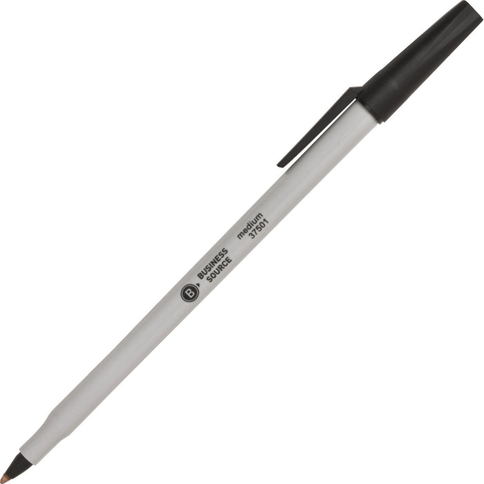 Business Source Medium Point Ballpoint Stick Pens - Black Ink - Light Gray Barrel - Stainless Steel Tip - 1 Dozen