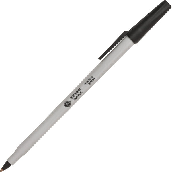 Business Source Medium Point Ballpoint Stick Pens - Medium Pen Point - Black Ink - Light Gray Barrel - Stainless Steel Tip - 1 Dozen