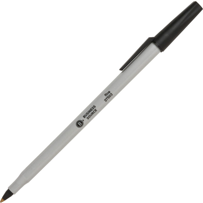 Business Source Fine Point Ballpoint Stick Pens - Black Ink - Light Gray Barrel - Stainless Steel Tip - 1 Dozen