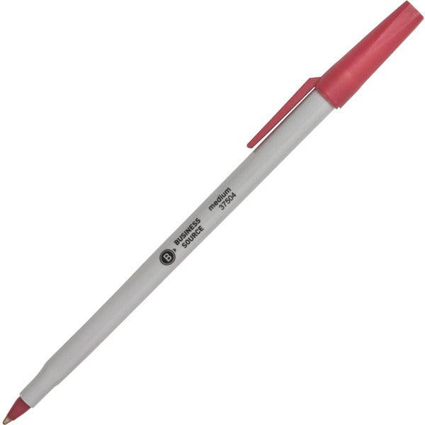 Business Source Medium Point Ballpoint Stick Pens - Medium Pen Point - Red - Light Gray Barrel - Stainless Steel Tip - 1 Dozen