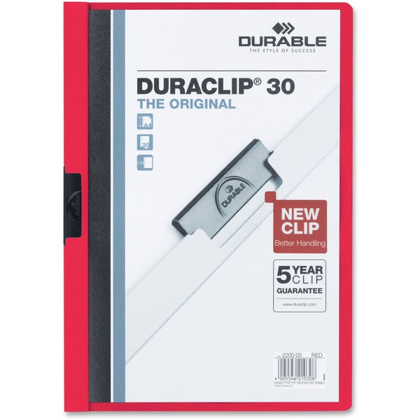 DURABLE DURACLIP Letter Report Cover - 8 1/2" (215.90 mm) x 11" (279.40 mm) - 30 Sheets Capacity - 1 Fastener(s) - Vinyl - Red - 1 Each