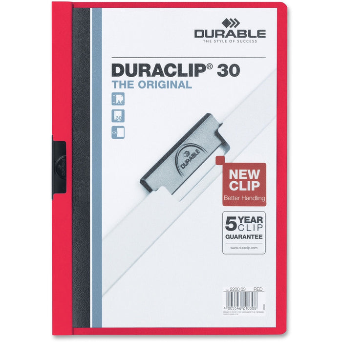 DURABLE DURACLIP Letter No Report Cover - 8 1/2" (215.90 mm) x 11" (279.40 mm) - 30 Sheets Capacity - 1 Fastener - Vinyl - Red - 25 / Box