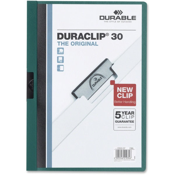 DURABLE DURACLIP Letter Report Cover - 8 1/2" (215.90 mm) x 11" (279.40 mm) - 30 Sheets Capacity - Vinyl - Dark Green - 1 Each