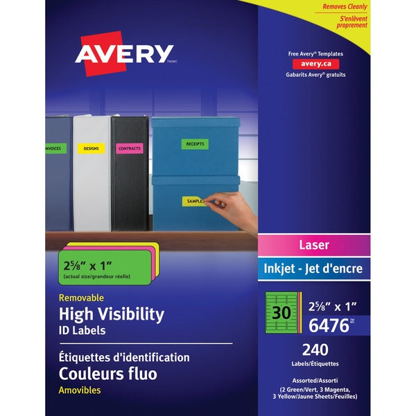 Avery&reg; High Visibility Removable ID Labels for Laser and Inkjet Printers, 2?" x 1" - 1" Width x 2 5/8" Length - Removable Adhesive - Rectangle - Laser, Inkjet - Neon Blue, Neon Green, Neon Magenta, Neon Yellow - 30 / Sheet - 240 / Pack - Self-adhesive