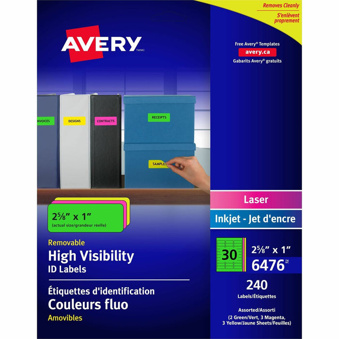 High Visibility Removable ID Labels for Laser and Inkjet Printers, 1" x 2-5/8" - Removable Adhesive - Laser, Inkjet - Assorted - 30 / Sheet - 240 / Pack