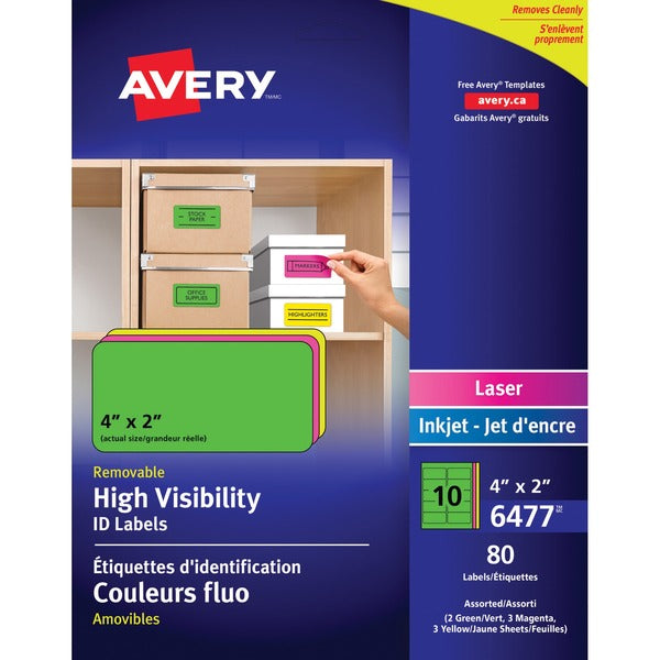 Avery&reg; High Visibility Removable ID Labels for Laser and Inkjet Printers, 4" x 2" - 2" Width x 4" Length - Removable Adhesive - Rectangle - Laser, Inkjet - Neon Blue, Neon Green, Neon Magenta, Neon Yellow - 10 / Sheet - 80 / Pack - Self-adhesive, Resi