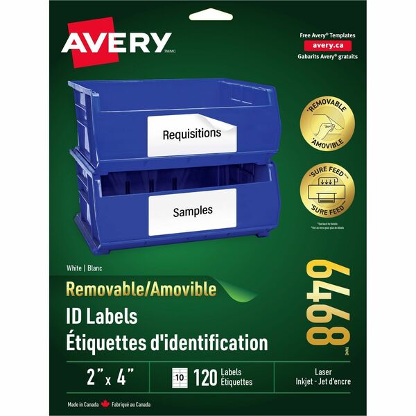Avery&reg; White Multipurpose Labels Removable 2" x 4" - 2" (50.80 mm) Width x 4" (101.60 mm) Length - Removable Adhesive - Rectangle - Laser, Inkjet - White - Residue-free, Self-adhesive, Repositionable - 120 / Pack