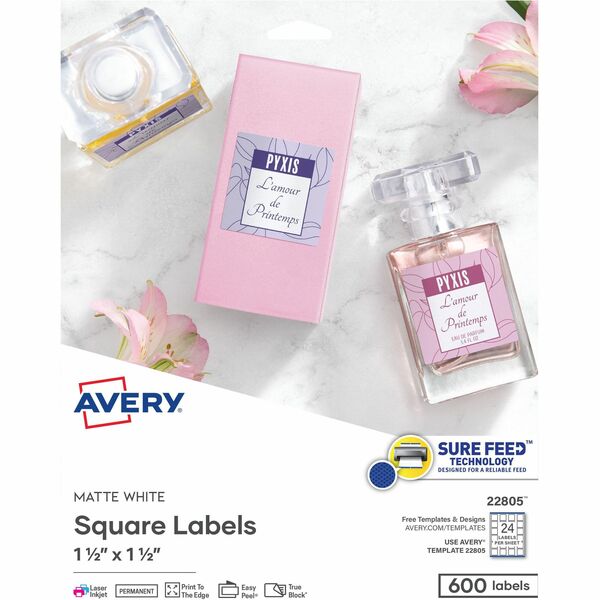 Avery&reg; Matte White Square Labels 1½" x 1½" , Permanent Adhesive, for Laser and Inkjet Printers - 1 1/2" Width x 1 1/2" Length - Permanent Adhesive - Square - Laser, Inkjet - Matte White - Paper - 24 / Sheet - 25 Total Sheets - 600 Total Label(s) - 600