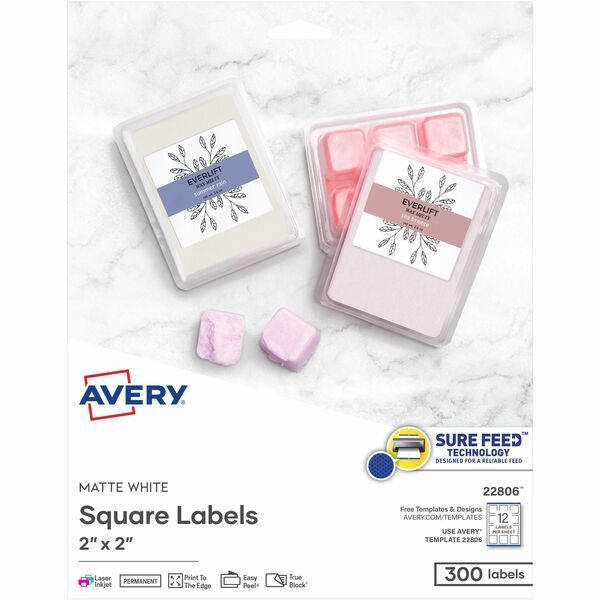 Avery&reg; Matte White Square Labels 2" x 2" , Permanent Adhesive, for Laser and Inkjet Printers - 2" Width x 2" Length - Permanent Adhesive - Square - Laser, Inkjet - Matte White - Paper - 12 / Sheet - 25 Total Sheets - 300 Total Label(s) - 300 / Pack