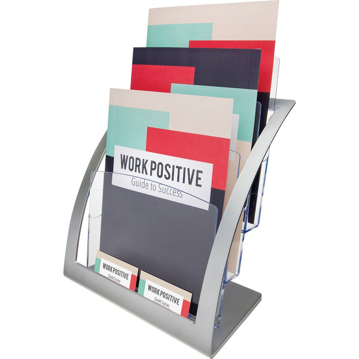 Deflecto Contemporary Literature Holder - 3 Tier(s) - 13.3" (338.07 mm) Height x 11.2" (285.50 mm) Width x 6.9" (176.28 mm) Depth - Floor - Silver - 1 Each