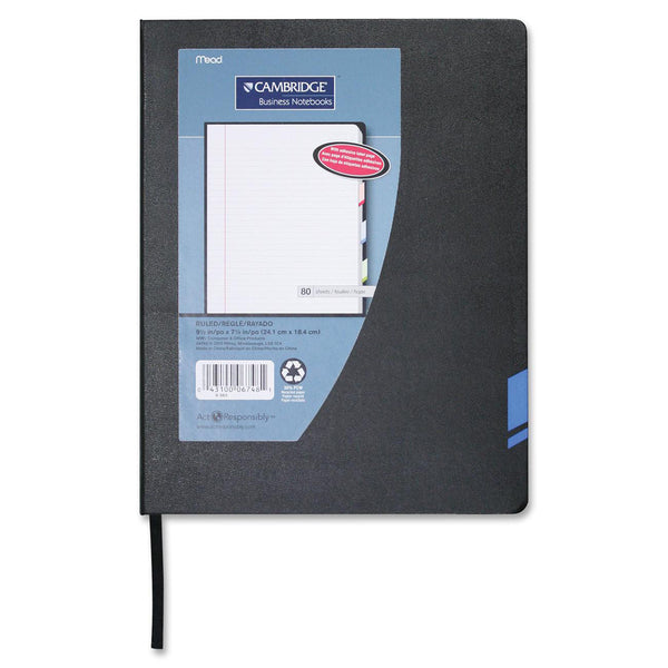 Cambridge Business Notebook - 160 Sheets - Ruled Margin - 9 1/2" (24.13 cm) x 7 3/4" (19.68 cm) Sheet Size - Blue Paper - Black Cover - Hard Cover, Tab, Ribbon Marker, Index Sheet, Writeable Spine - Recycled - 1 Each