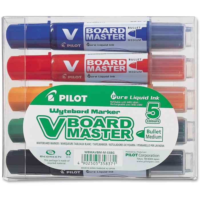 BeGreen V Board Master Whiteboard Marker - Refillable - Blue, Red, Green, Orange, Black Ink - Black, Blue, Red, Green, Orange Barrel - 5 / Set