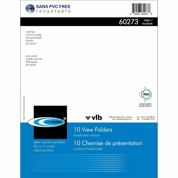 Filemode Letter No Project File - 8 1/2" (215.90 mm) x 11" (279.40 mm) - Polypropylene - Clear - PVC-free, Translucent, Non-stick, Acid-free, Moisture Resistant, Spill Resistant, Thumb Hole - 10 / Pack