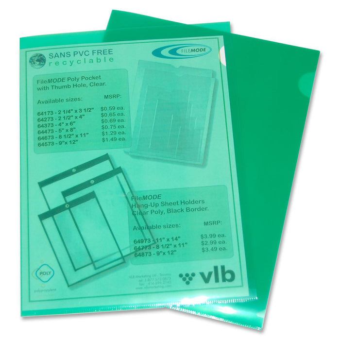 Filemode Letter No Project File - 8 1/2" (215.90 mm) x 11" (279.40 mm) - Polypropylene - Green - PVC-free, Translucent, Non-stick, Acid-free, Moisture Resistant, Spill Resistant, Thumb Hole - 10 / Pack