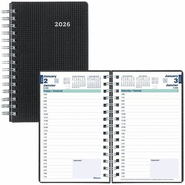 Blueline DuraFlex Daily Planner, 8" x 5" , Bilingual, Black - Julian Dates - Daily - 12 Month - January 2026 to December 2026 - 7:00 AM to 7:30 PM - Half-hourly - 8" (203.20 mm) x 5" (127 mm) Sheet Size - Twin Wire - Black - Poly - 1 Each